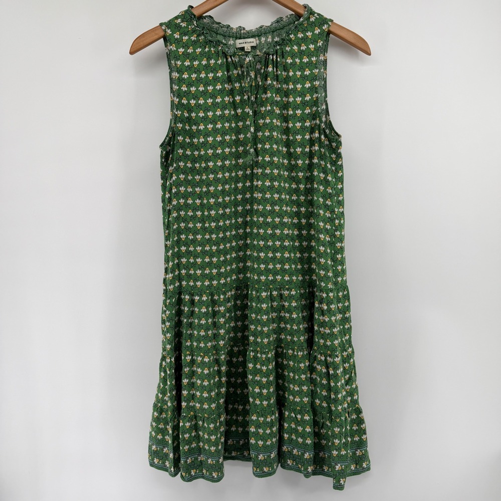 Max Studio Green Floral Sleeveless Tiered Mini Dress Ruffle Neck Size L A905D55A